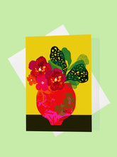 Load image into Gallery viewer, Printed greeting card depicting colourful Floral Pansies in a painted vase on a yellow background.
