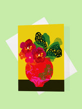 Load image into Gallery viewer, Printed greeting card depicting colourful Floral Pansies in a painted vase on a yellow background.  

