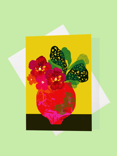 Printed greeting card depicting colourful Floral Pansies in a painted vase on a yellow background.  