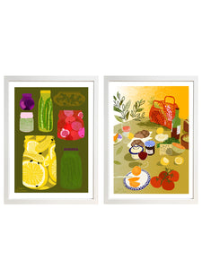 pair of prints depicting food illustration with matching colours 