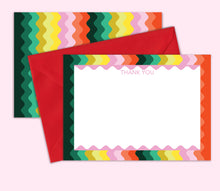 Load image into Gallery viewer, Colourfully Patterned Thank You Card Pack and Stationery with Rich Red Envelope on A Bright Pink Background 
