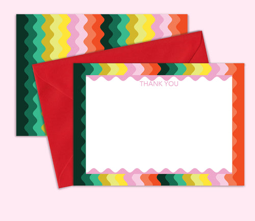 Colourfully Patterned Thank You Card Pack and Stationery with Rich Red Envelope on A Bright Pink Background 