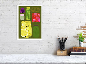 A4 sized Vegetable prints on a wall 