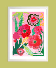 Load image into Gallery viewer, Abstract print of pink flowers and roses -  based on illustration of plants and nature  
